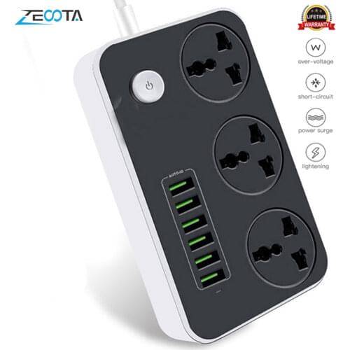 Power Strip Universal Socket 3 Outlets 6 Quick USB 5V 3.4A 17W Charging Station 2500W Surge Protector 6.5ft Cord Circuit Breaker