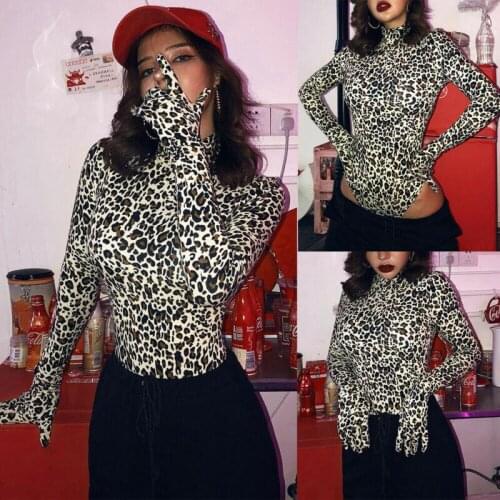 Spring and autumn womens one-piece shorts retro long-sleeved high-neck leopard print long-sleeved slim sports suit casual stitc