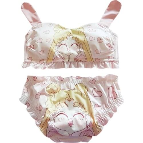 Japanese Soft Girl Sailor Moon Cute Pink Rabbit Ears Tube Top Bra Without Steel Ring Set Pink Bra and Panty Set Lingerie Set
