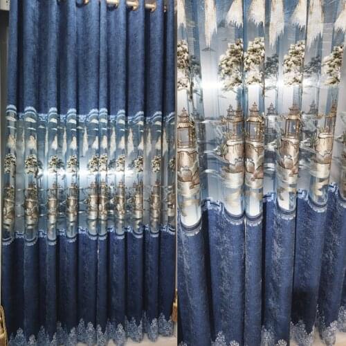 European Style Curtains for Living Dining Room Bedroom Blue Embroidered Curtains Valances Curtain Finished Product Customization