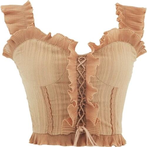 PERHAPS U White Khaki Ruffle V Neck Sexy Bodycon Short Sleeveless Sarafan Lace Uptank Tops Women Female Solid B0136