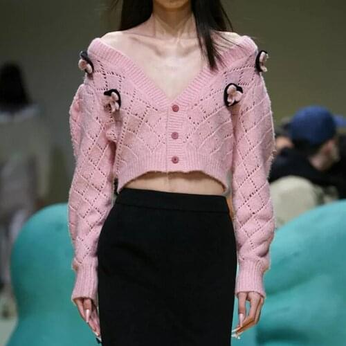 Womens Short Knitted Top Mohair Sexy V-Neck Pink Long Sleeve Sweater Three-Dimensional Flower Loose Cardigan Top 2021 New