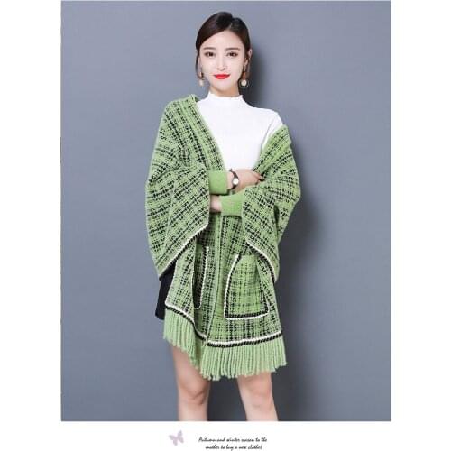 Spring/Autumn Turtleneck Pullover Sweater Women Trendy Knitted Batwing Sleeve Cloak England Style Houndstooth Cape Stylish Tops