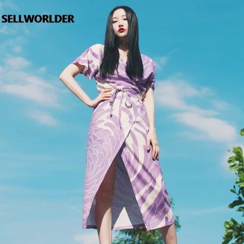 2021 Woman Japanese Kimono Style Purple Chrysanthemum short Sleeves V neck Improved bathrobe dress