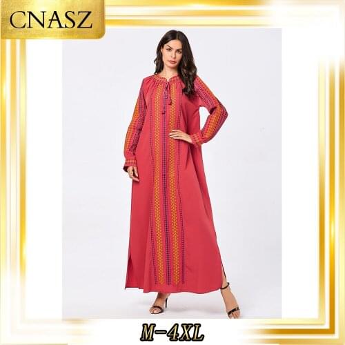 Abaya Dubai Fashion Large Sze Womens Red Diamond Abstract Embroidery Split Arab Dress Casual Dress