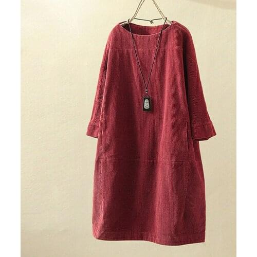 Autumn Winter Women Baggy Oversized Dress 3/4 Sleeve Solid Corduroy Dress Plus Size 5XL Mini Dress Casual Loose Dresses