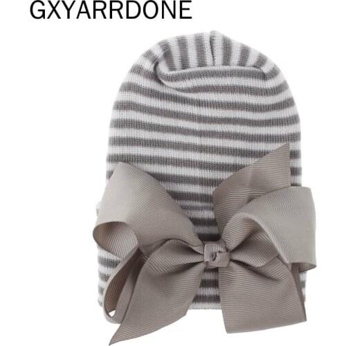 Winter Newborn Hospital Hat Girls Big Bow Double Warm Baby Beanie Infant Cap Striped Elastic Baby Girl Hat Newborn Cap 14 Colors