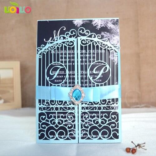 DIY 25set free logo inc74 customize laser cut wedding invitation card gate,tie bow,big rhinestone,printing card,envelope seal