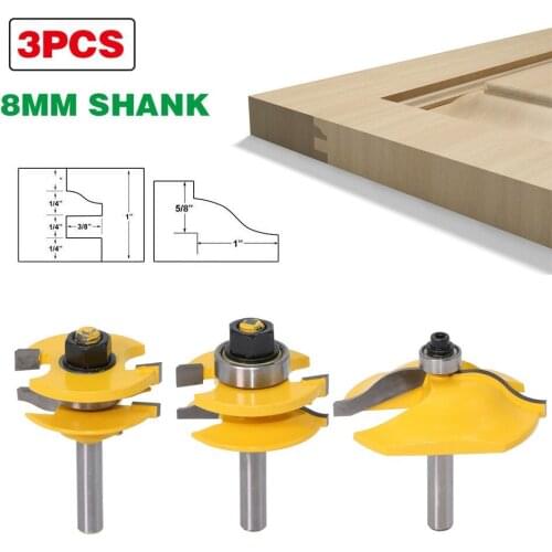 3PCS 8mm Shank Rail & Stile Router Bits-Matched Standard Ogee door knife Woodworking cutter Tenon Cutter for Woodworking Tools