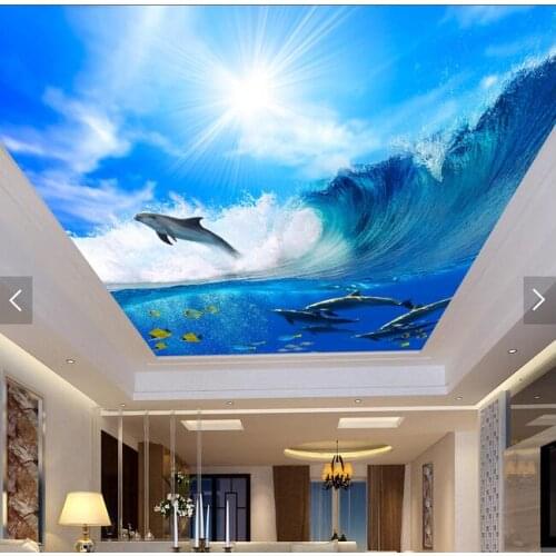 3d wallpaper custom mural waves of the sea dolphins ceiling murals photo 3d wall mural wallpaper for living room home decor