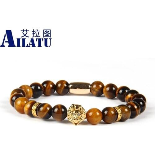 Ailatu Top Quality Jewelry Wholesale 8mm Tiger Eye Stone Beads with PVD Plated Lion Head Bracelet for Men