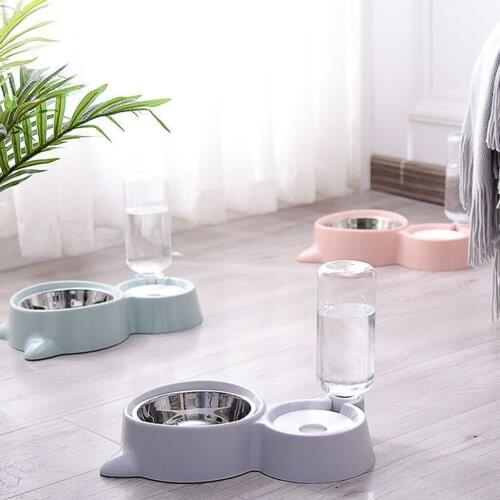 500ml Dog Cat Double Bowls Automatic No-Spill Pets Feeder Water Dispenser Auto Puppy Foods Dispenser Water Bottle Tank Holder