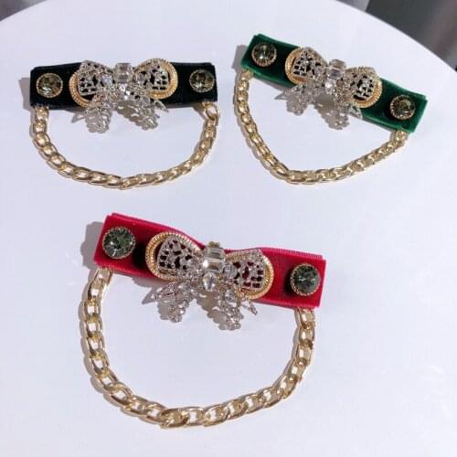 Velvet Bow Tassel Chain Retro Brooch Pin for Women High-end Rhinestone Bowknot Shirt Collar Luxulry Jewelry Brooches Accessories