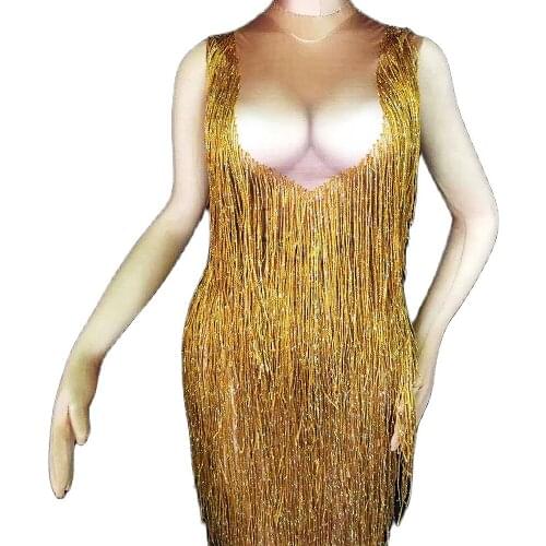 Sparkly Gold Fringes Women Long Dress Nightclub Bar Show DJ Singer Performance Leotard Birthday Party Dress Evening Prom Costume