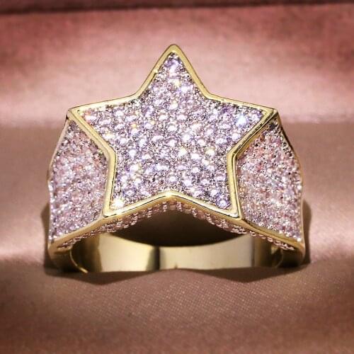 Gold Bling Hip Hop Big Star Pentagram Ring with Zircon Stone Ring for Man Women Wedding Engagement Fashion Jewelry 2019 New S925