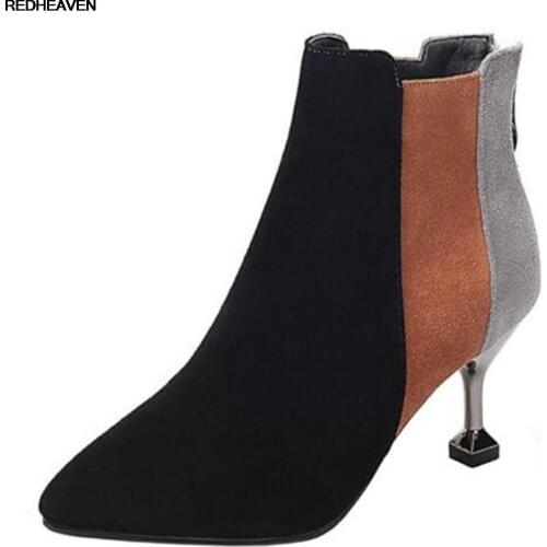 Women Ankle Boots Women Shoes Woman Boots Fashion Color Matching High Heel Boots 2019 Autumn New Flock Pointed Boots Booties