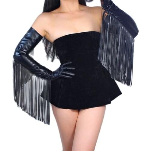 TECH LONG GLOVES Faux Leather PU 28" 70cm Black Extra Long Fringe Tassel Arms Womens Gloves Touchscreen WPU168