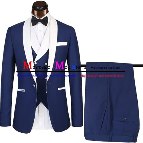 2021 Elegant Navy Blue Mens Suit Slim Fit White Shawl Lapel Wedding Groom Wear Tuxedo Best Man Blazer 2 Pieces (Jacket+Pants)