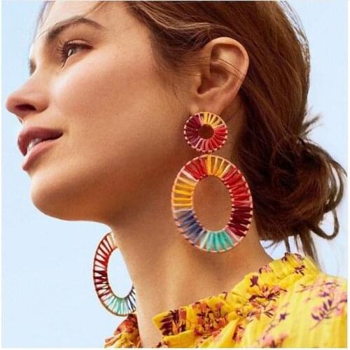 Itenice Multicolor Raffia Drop Earrings For Women Handmade Weave Boho Heart Statement Earrings Rainbow Geometric Hoop Earring
