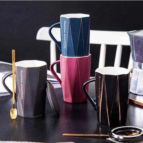 Brief Coffee Cup Coffee Mug with Lids 400ml Geometric Mugs Office Gifts Cool Cups Ceramic Water Cafe Tea Milk Cups Set