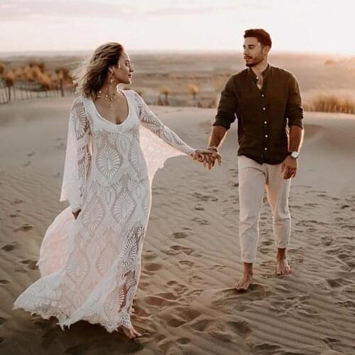 Scoop Lace Long Sleeves Pre Wedding Dress Backless Cut Out Loose Bohemian 2021 Beach Destination Plus Size Bridal Gown Nude