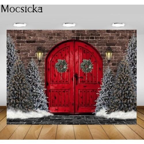Mocsicka Brick Wall Floor Red Wood Door Christmas Tree Backdrop for Photography Winter Snow Baby Child Portrait Photo Background