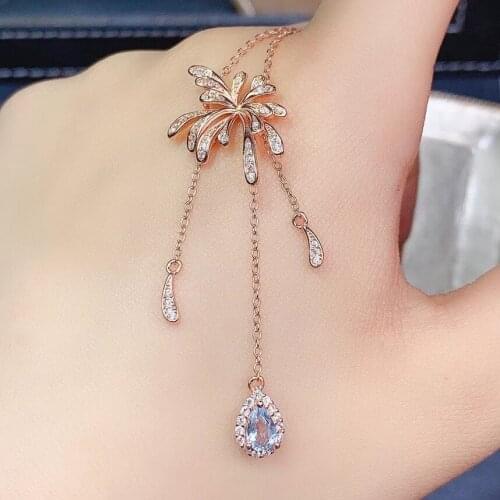 Trendy cute Fireworks Natural blue Aquamarine Necklace natural gemstone Pendant Necklace S925 silver woman party gift jewelry