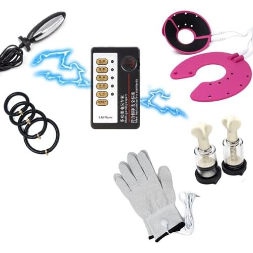 Electric Shock Set no Condoms Dildo Plug For Vagina Silicone Penis Vibrators Breast Massage Glove Nipples Sucker Sexy Toys