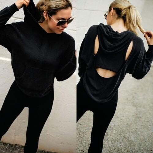 New Cool Women Cut Out Back Long Sleeve Sweatshirt Pullover Tops Ladies Casual Loose Hoodies