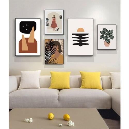 Posters And Prints Wall Pictures For Living Room Decor Abstract Girl Plant Leaf Vintage Poster Wall Art Canvas Painting Nordic