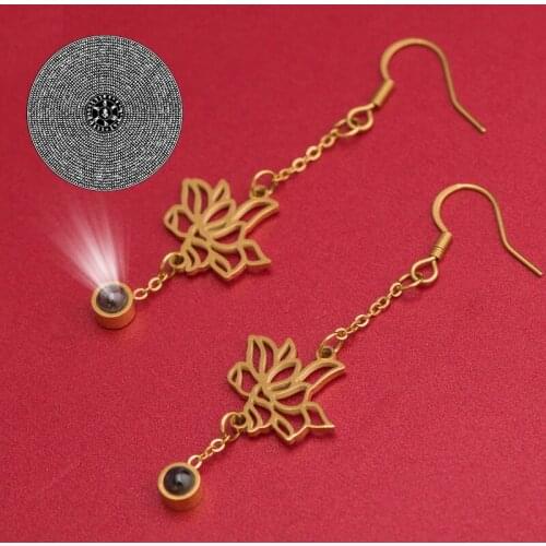 SIMPLE PRACTICE Lotus Ear Studs Earrings Titanium steel Inlaid projection stone Shurangama Mantra Womens jewelry