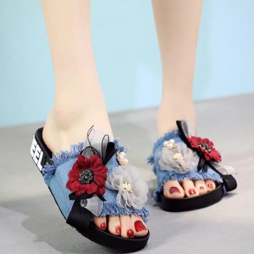 Lace bow-tied camellia slippers girls summer flats lazy wedges shoes women 2019 new brand denim cool sandals flip flops mujer