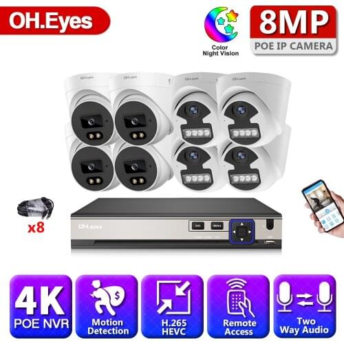 Security Camera System 8CH 4K HD POE NVR Kit CCTV Two Way Audio AI Face Detect Outdoor Video Surveillance 8MP IP Camera Set