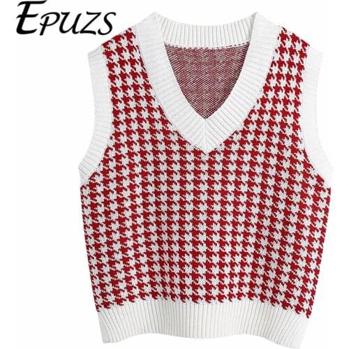 Vintage V-Neck Plaid Knitted Sweater Fashion Slim Sleeveless Warm Red Vest Pullover Lady Casual Loose Chic Top 2020 New Winter