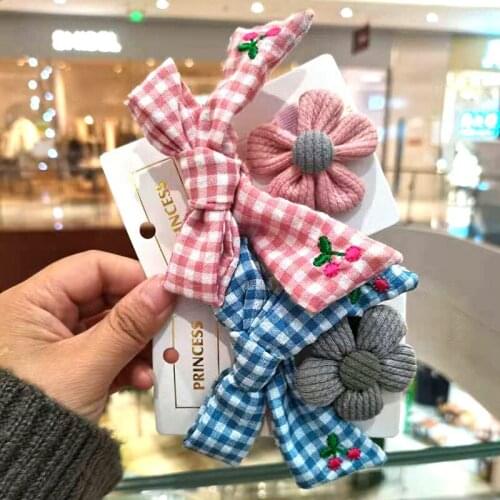 Girls Flora Plaid Bow Hairpin Korean Version Check Woolen Yarn Headdress Suit For Girls And Babies Cute Flower