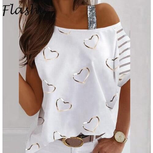 2021 Summer Shirt Women Tee Elegant Cold Shoulder Love Print Top Short Sleeve Women Shirt Casual Streetwear Female T Shirt