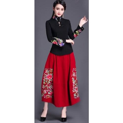 Retro Skirt Woman 2020 Spring New Ethnic Embroidery Cotton Linen Skirt Female Elastic Waist Vintage Skirts Jupe Femme TA1920