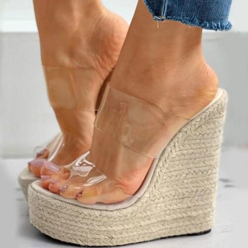 Brand New Sexy Big Size 42 Straw Platform Party Wedges High Heels PVC Slingback Summer Sandal Women Shoes Slippers