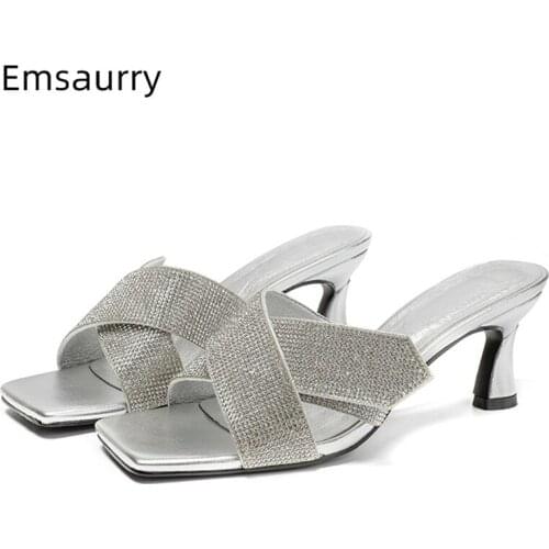 Crystal Cross Band Fashion 2021 Sandals Women Sexy Kitten Heel Square Open Toes Rhinestone Slip-on Runway Shoes Woman