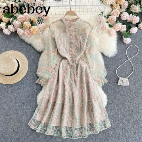 Design French Lace Dress Women Stand Collar Long Sleeve Elegant A-line Dresses Spring Fashion Streetwear Midi Dress