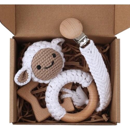 1 Set Baby Newborn Wooden Star Teether Pacifier Clip Chain Nipple Holder DIY Crochet Lamb Rattle Infants Teething Chewing Soothe