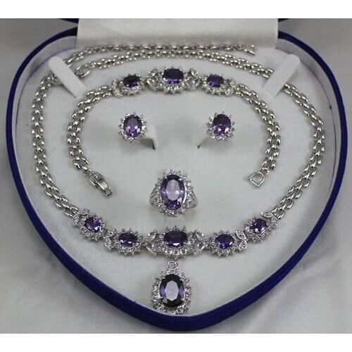 2 choices wholesale new purple crystal 10*14mm ring(#7.8.9) 18" chain pendant necklace stud earrings &bracelet jewelry set002