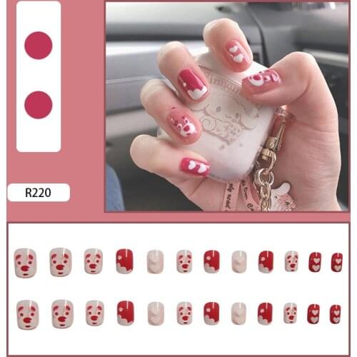 24pcs Love Heart Printed Nail Patch Glue Type Removable Short Paragraph Fashion Manicure Save Time False Nail Patch SK88