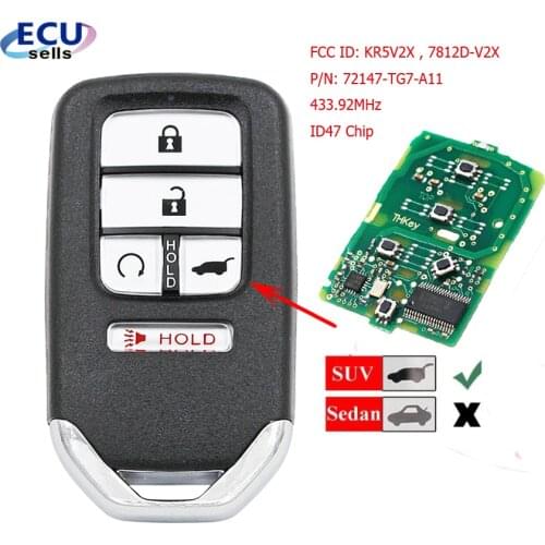 For Honda Piot CR-V Civic 2016 2017 2018 2019 2020 2021 433MHz ID47 Chip FCC: KR5V2X 4+1 5 Button Smart Remote SUV Key Fob