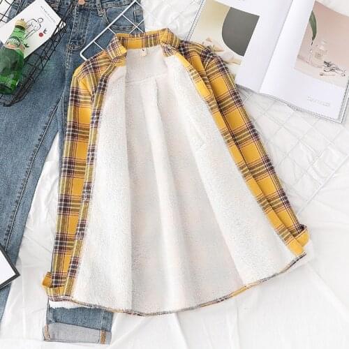 Flannel Plaid Shirt Women Winter Warmth Thick Fleece Long-sleeved Lapel Cotton Shirt Loose Casual Korean Chic Plaid Shirt Top