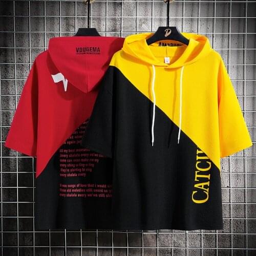 Summer Men Casual T-Shirts Hip Hop Streetwear Male Loose Hooded TShirts Harajuku Letter Patchwork New Mens Short Sleeve Top Tees