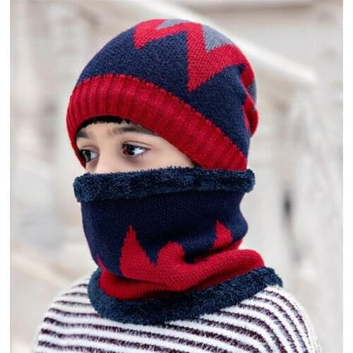 Kids Geometric Pattern Hat Scarf Set Child Winter Warm Plush Beanie Hat And Ring Scarves Boys 2020 Winter Outdoor Warm Cap 3-12T