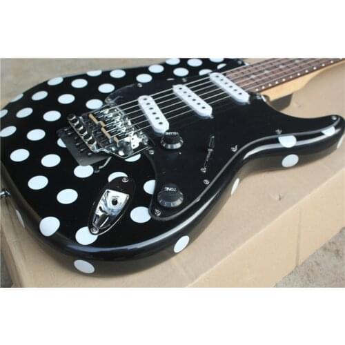 Custom 6 string black guitar,white dots pattern veneer,tremolo bridge,SSS pickups,chrome button