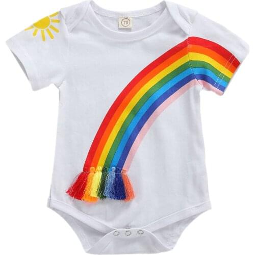Summer Toddler Baby Girl Boy Rainbow Bodysuits Clothes Short Sleeve Cotton White Jumpsuit Outfit 0-18M