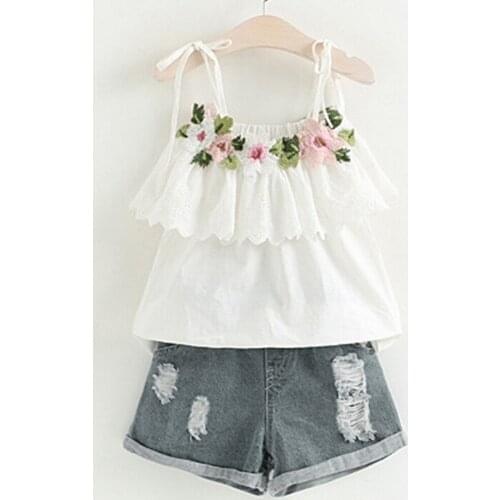 Summer New Style Toddler Kids Baby Girl Outfits Clothes Embroidery T-shirt+denim Shorts Jeans Set Vogue Baby Temperament Clothes